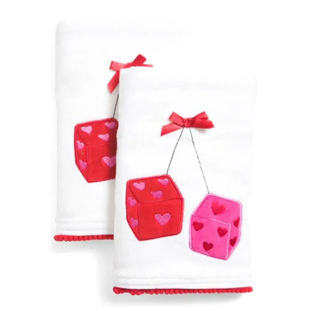 Kassadecor Heart Dice Valentine Cotton Hand Towels 18x28 Set of 2 Pink Red NEW